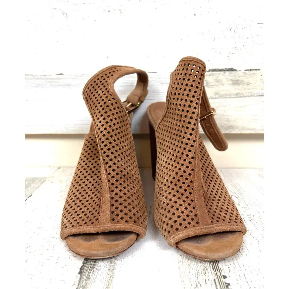 Tory Burch Women 7 Tan Jessie Perforated Suede High Heel Open Toe Strappy Bootie